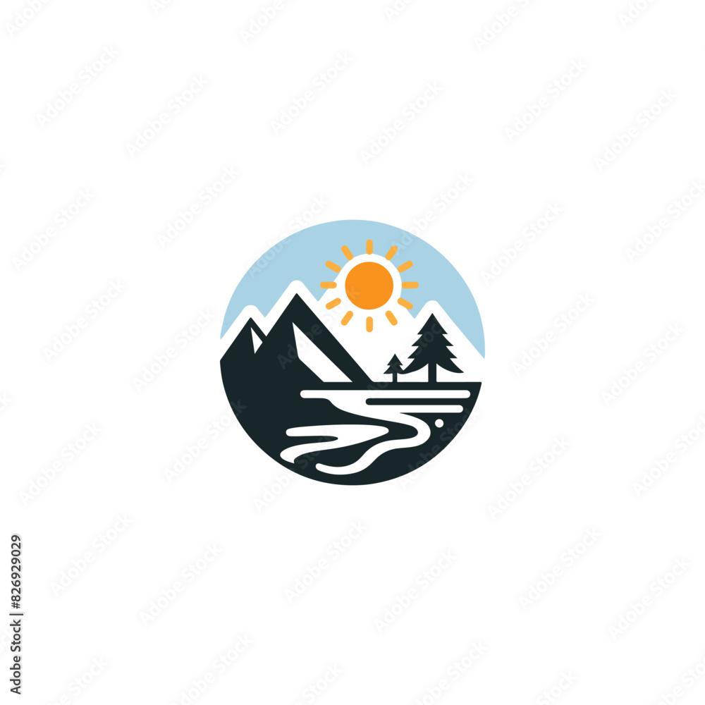 mountain logo landscape with rocks at sunrise, Sea and Sun for Hipster Adventure Traveling logo mountain logo landscape with rocks at sunrise, Sea and Sun for Hipster Adventure Traveling logo