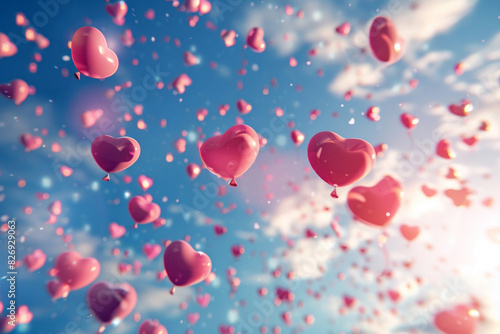 A Valentine's Day background features flying pink and red hearts on a blue sky background, serving as a Valentine? Day background with floating heart-shaped balloons.