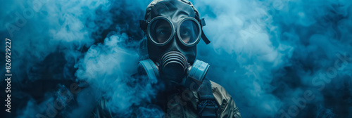 A person in protective gear works amidst toxic fumes and dust, surrounded by smoke from white flour powder particles. photo