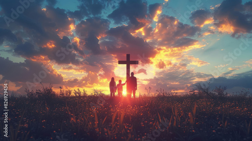 A family stands silhouetted against a sunset backdrop in front of a cross. photo