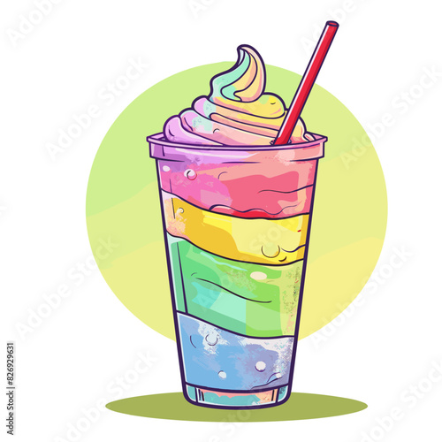 A digital artwork showcasing a cup filled with a colorful, layered slush drink
