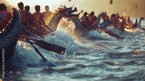 Dynamic Dragon Boat Race with Teams Paddling to Drum Beats