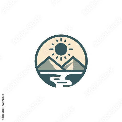 mountain logo landscape with rocks at sunrise, Sea and Sun for Hipster Adventure Traveling logo