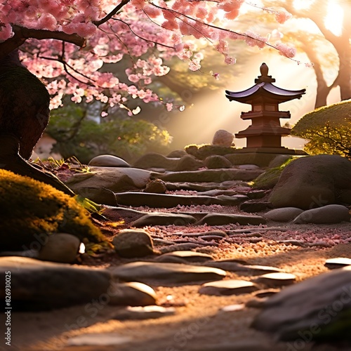 A serene Zen garden with a single bonsai cherry blossom tree symbolizes the fleeting beauty of life in Japanese culture.