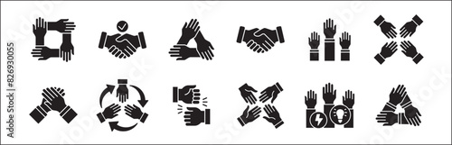 Teamwork icon. Cooperation hands icon set. Collaboration symbol. Business co-worker sign. Icons of brotherhood, relation, connection, partnership. Vector isolated illustration in flat solid design
