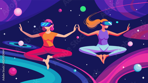 A pair of yogis using VR to virtually fly through a colorful galaxy feeling weightless and free as they stretch and move in aerial yoga poses.. Vector illustration