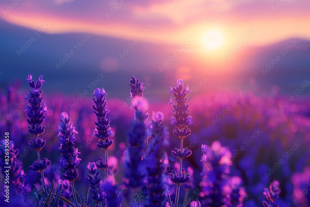 Naklejka premium Beautiful lavender field at sunset with vibrant purple flowers and a glowing sun setting behind the mountains.