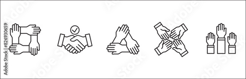 Teamwork icon. Cooperation hands icon set. Collaboration symbol. Business co-worker sign. Icons of brotherhood, relation, connection, partnership. Vector isolated illustration in line style design