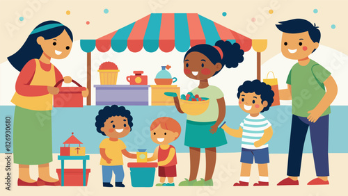 Children excitedly browse through the toy stall while their parents search for unique home decor items at the church flea market.. Vector illustration