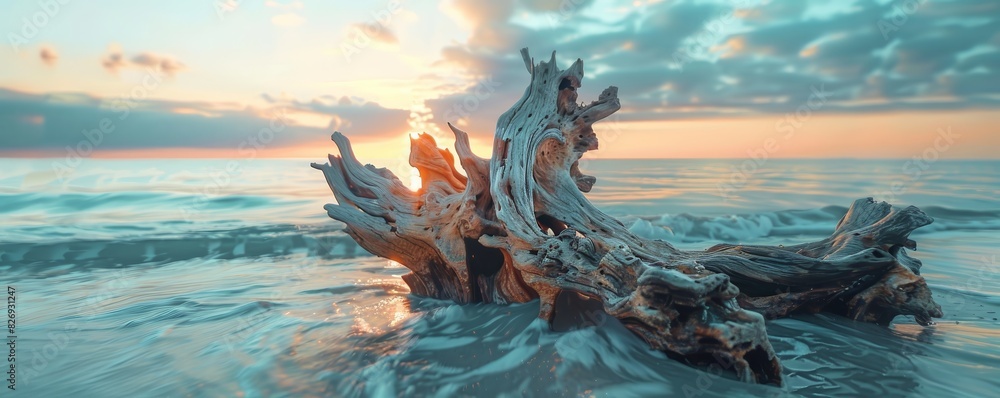 Fototapeta premium Driftwood on beach at sunset with a beautiful sky and ocean waves.