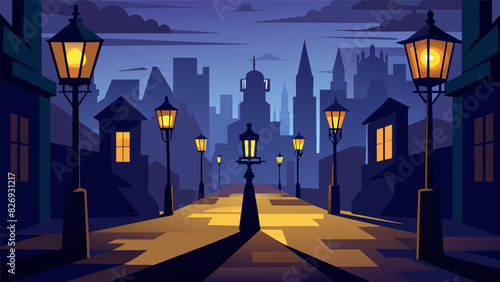 The flickering light of the gas lamps illuminated the bustling city square a stark contrast to the dark alleyways that lurked in its shadows.. Vector illustration