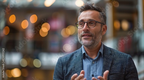 portrait of a business man deep in conversation, his animated gestures and engaged expression illustrating his persuasive communication style and interpersonal skills, copy space photo