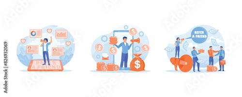 Job promotion. Entrepreneurs share job info. Refer friends in exchange for rewards. Referral Program concept. Set flat vector illustration.