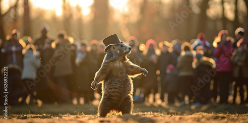 a brown bear wearing a brown hat stands among a crowd of people