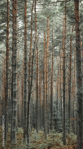Realistic photography of coniferous forest. Abstract background of a northern forest © Mentari