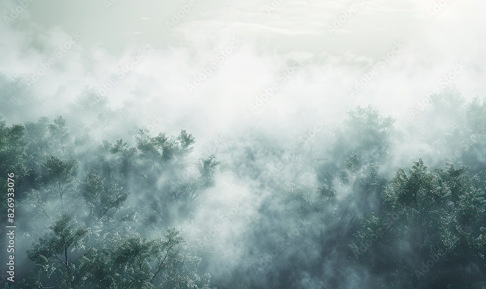 Create a realistic depiction of thick white fog or smog, enveloping a natural landscape, ideal for environmental themes highlighting air quality issues , Generate AI