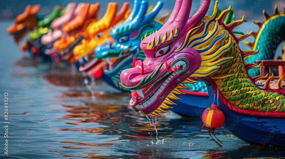 Colorful Dragon Boats with Painted Heads for Dragon Boat Festival in China