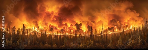 Trees burning in an inferno, illustrating climate change's danger and environmental destruction.
