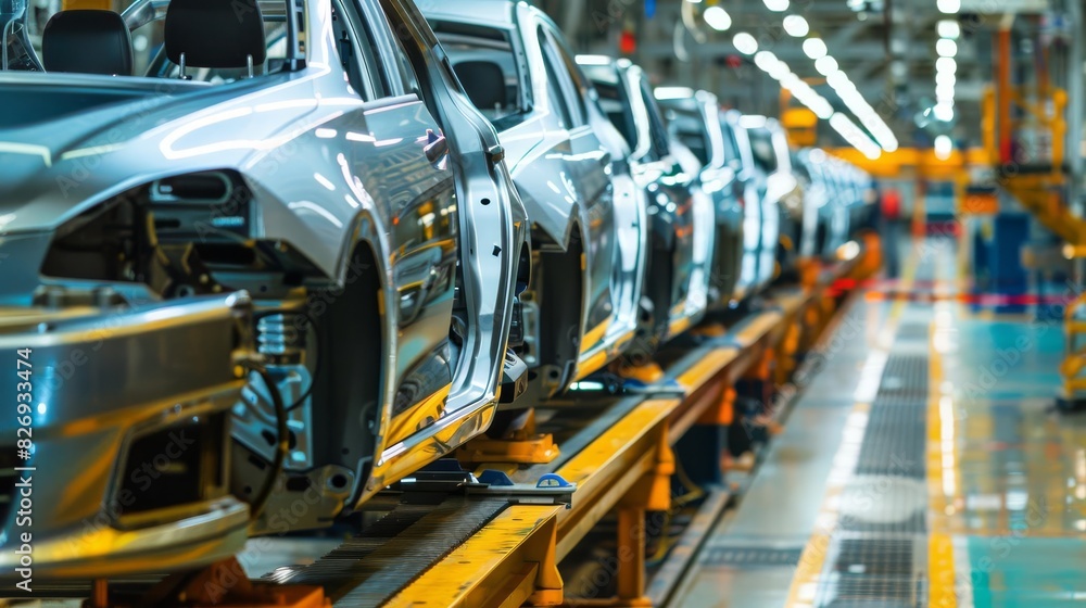 automotive manufacturing mass production assembly line of modern cars in busy factory industrial photography