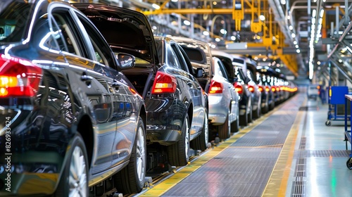 automotive manufacturing mass production assembly line of modern cars in busy factory industrial photography
