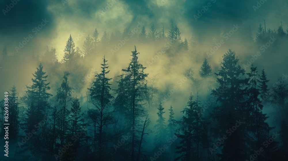 Realistic photography of coniferous forest. Abstract background of a northern forest Realistic photography of coniferous forest. Abstract background of a northern forest
