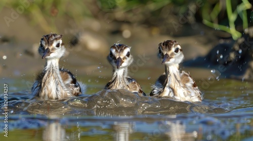 Three young killdeer experience their initial bath photo