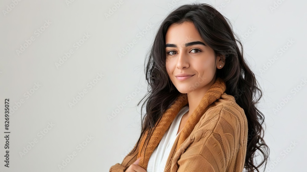 elegant saudi arabian woman in chic cardigan white background studio portrait elegant saudi arabian woman in chic cardigan white background studio portrait