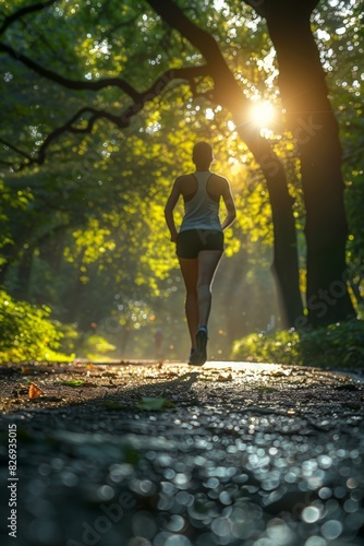 A woman jogging on a forest trail at sunrise, surrounded by lush greenery and sunrays piercing through the trees.