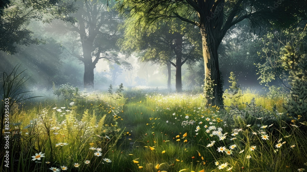 Obraz premium grass field wallpaper. landscape forest with fog wallpaper. landscape forest with mountains and fog. landscape mountains with fog wallpaper. forest with fog background. Fantasy landscape forest.