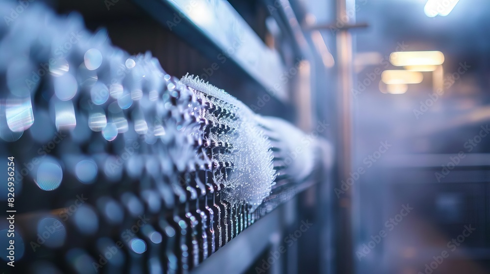 frosty efficiency macro view of chiller evaporator coil in action at refrigerated warehouse industrial closeup photography frosty efficiency macro view of chiller evaporator coil in action at refrigerated warehouse industrial closeup photography