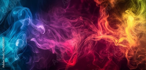 , dense tendrils of deep and dark smoke gracefully intertwine against a gradient backdrop, creating a mesmerizing blend of hues. Amidst this ethereal dance, vibrant abstract colors emerge, swirling an