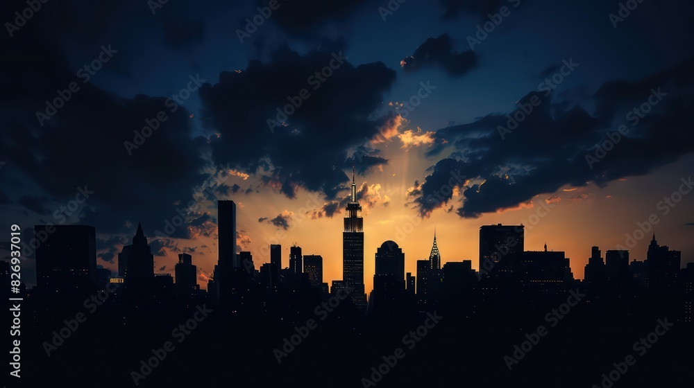 city panoramic view of a city skyline with skyscrapers, nice silhouette and dark ambiance
