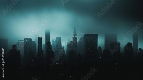 city panoramic view of a city skyline with skyscrapers  nice silhouette and dark ambiance 