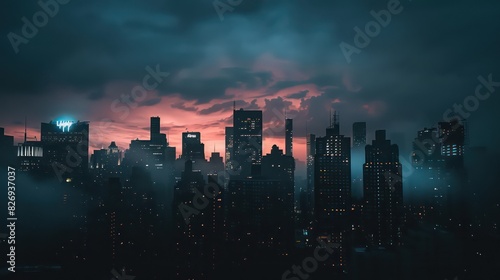 city panoramic view of a city skyline with skyscrapers  nice silhouette and dark ambiance 