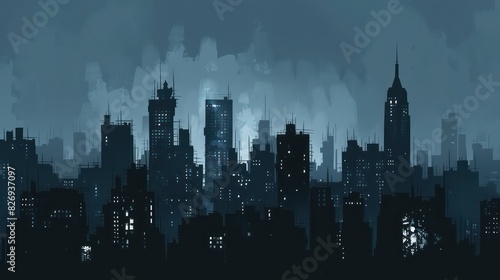 city panoramic view of a city skyline with skyscrapers, nice silhouette and dark ambiance
 photo