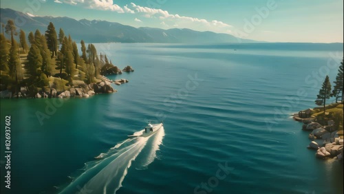 Aerial view of a boat sailing across the clear blue waters of Lake Tahoe California, 4k animation video photo