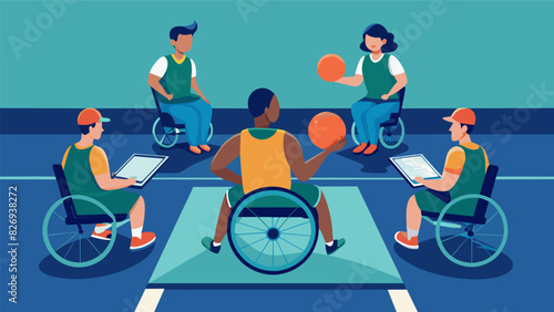 A wheelchair basketball team trains in a virtual arena honing their skills and strategy for reallife games.. Vector illustration photo