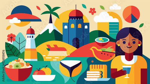 A vibrant collage featuring images of travel food and culture representing the role of experiences in shaping ones identity.. Vector illustration