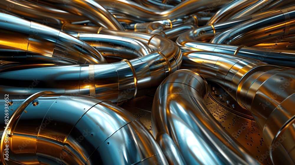 A 3D abstract background featuring twisting and intertwining pipes with a metallic finish