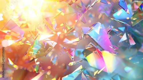 A 3D abstract background with floating shards of glass reflecting rainbow colors