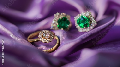 : Stunning golden ring and emerald diamond earrings on purple satin, showcasing high-end jewelry in a close-up with selective focus.