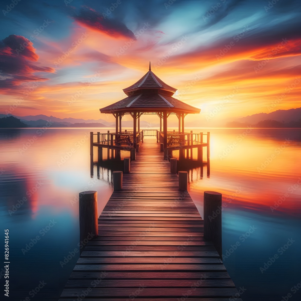 A tranquil scene featuring a wooden pier leading out to a gazebo over calm water, during sunset generated by ai A tranquil scene featuring a wooden pier leading out to a gazebo over calm water, during sunset generated by ai