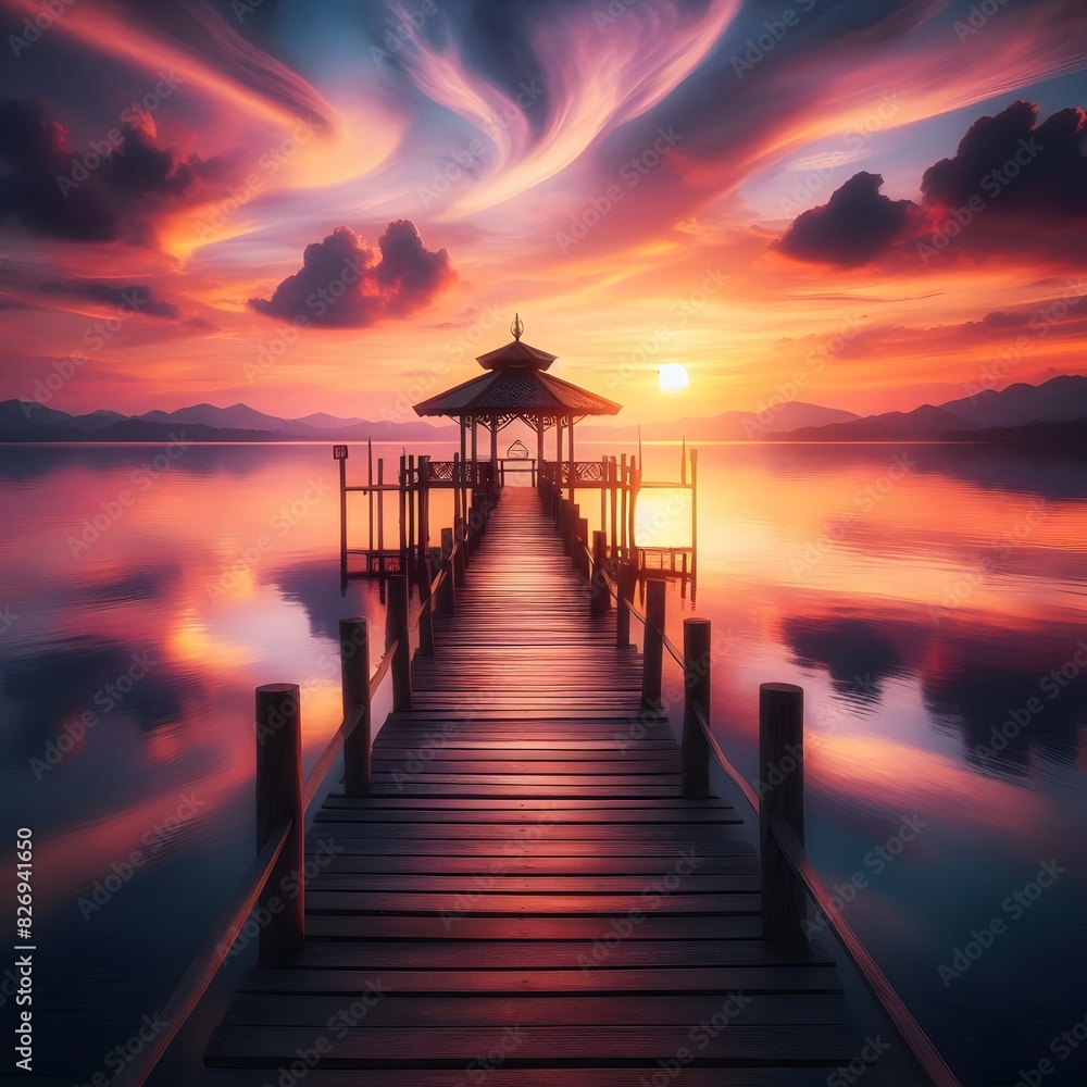 A tranquil scene featuring a wooden pier leading out to a gazebo over calm water, during sunset generated by ai A tranquil scene featuring a wooden pier leading out to a gazebo over calm water, during sunset generated by ai