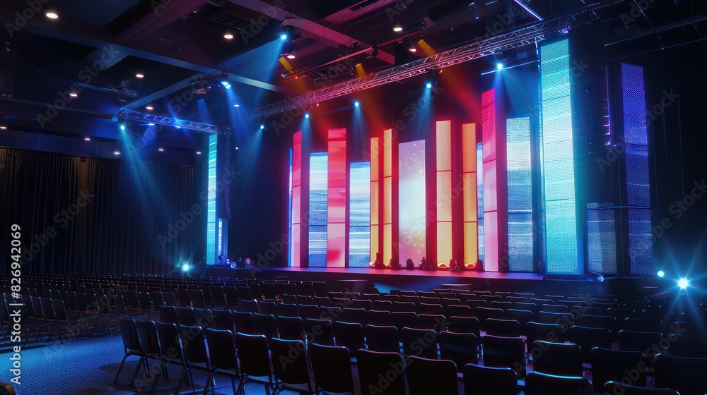 wide conference stage with several led video screens in the background

