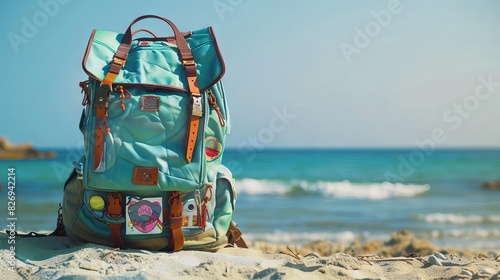 welltraveled backpack adorned with stickers against sunny beach closeup photo