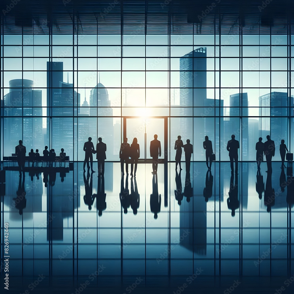 © Creative Hut - A modern office environment with silhouettes of business professionals in various activities such as walking generated by AI