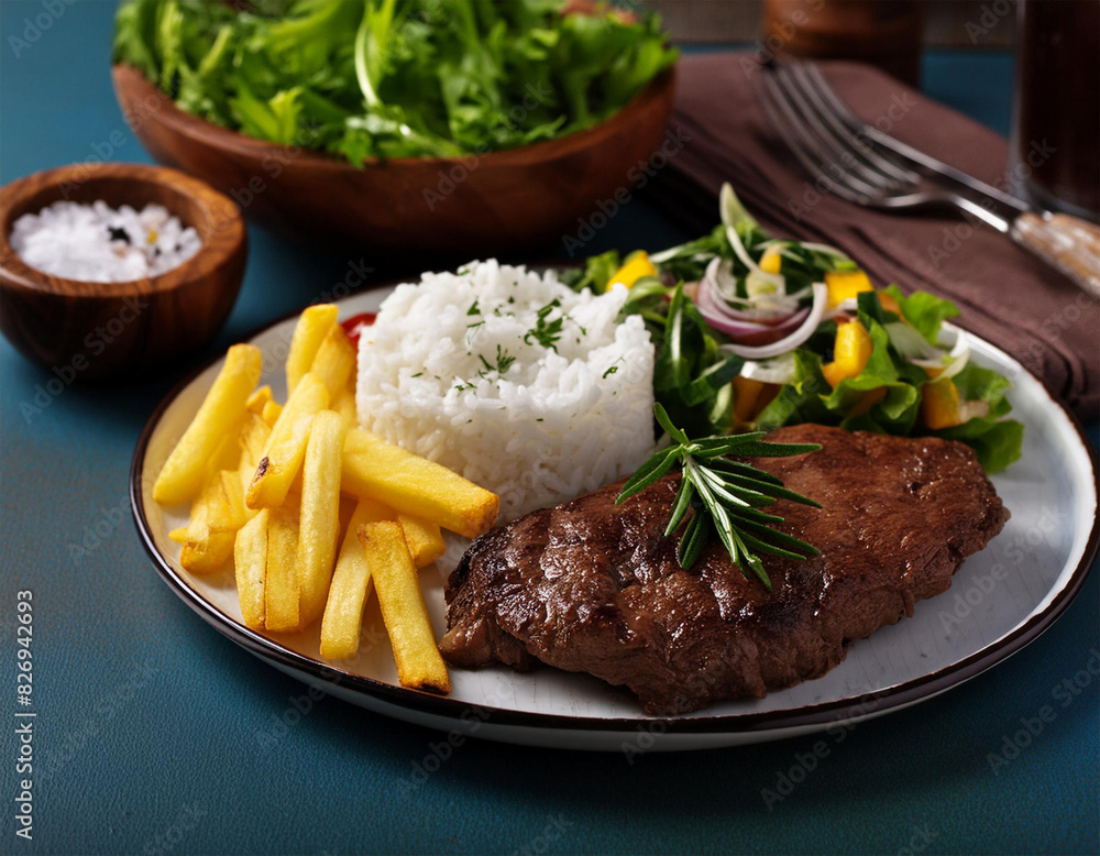 Roasted steak rice salad farofa fries Roasted steak rice salad farofa fries