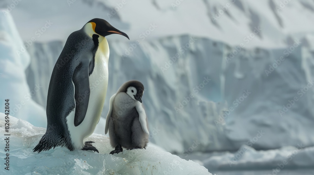 Obraz premium Loving Penguin Family on Iceberg with Chick Amidst Stunning Polar Landscape