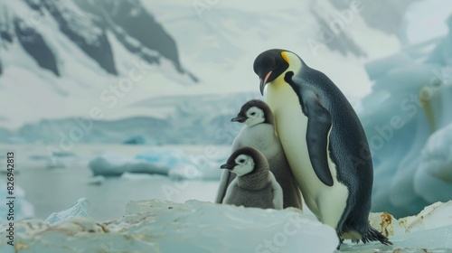 Loving Penguin Family on Iceberg with Chick  Polar Landscape Background