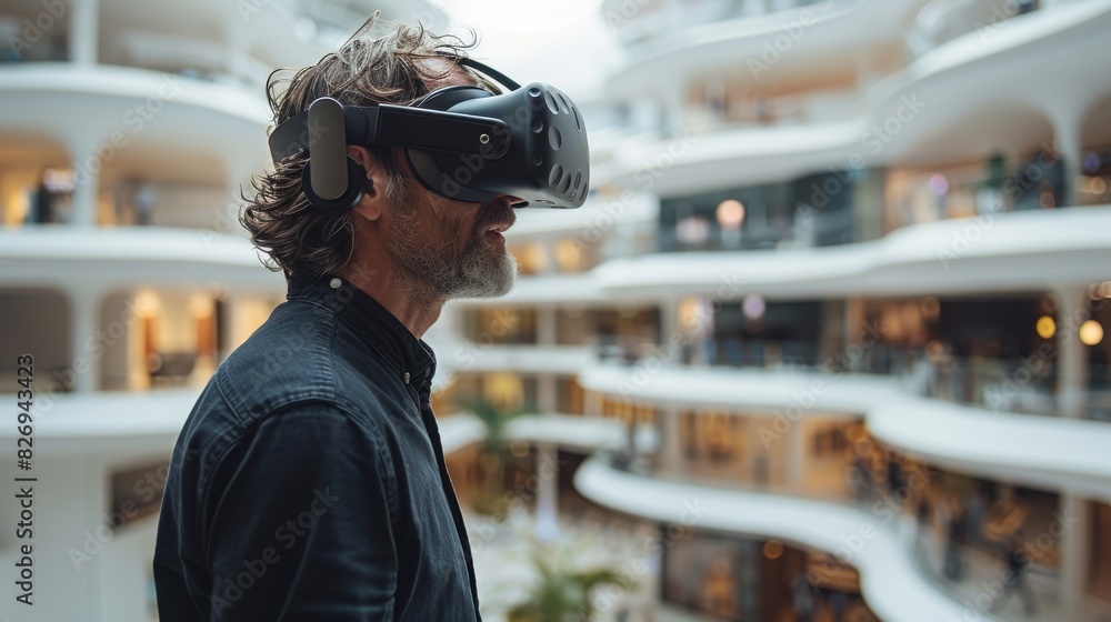 Architect using VR headset to explore and modify interior design elements of a building Generative AI Architect using VR headset to explore and modify interior design elements of a building Generative AI